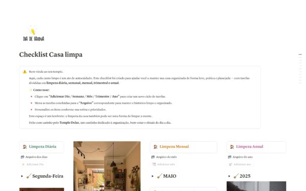 Checklist Casa Limpa – Organização Diária, Semanal, Mensal e Muito Mais!